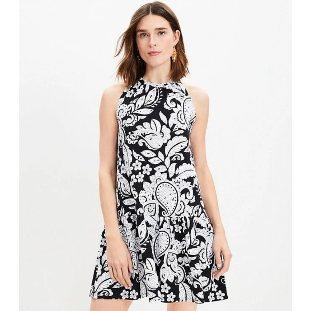 LOFT Petites Black White Paisley Floral Halter Ruffle Flounce Mini Dress SP‎